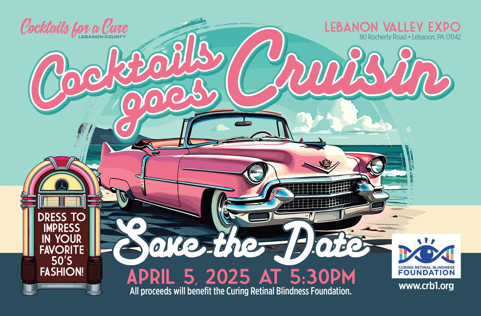 Image of an illustrated pink hot rod car on a sandy beach next to the ocean, advertising for CRBF's Cocktails For a Cure Event on April 5th 2025.